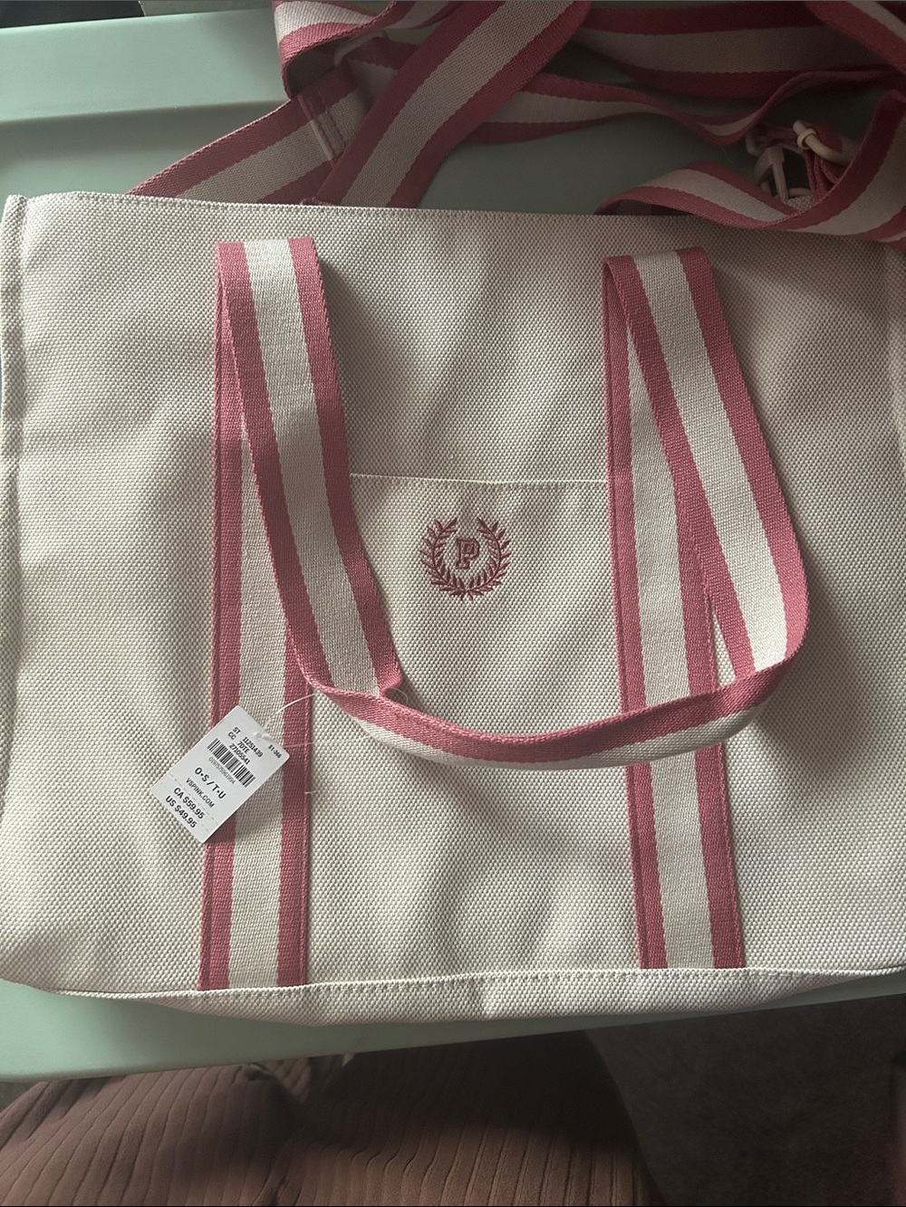 PINK Victoria's Secret Cream Canvas Tote with Pink Striped Handles